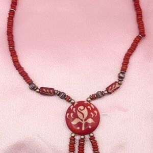 Red Beaded Necklace with Floral Pendant